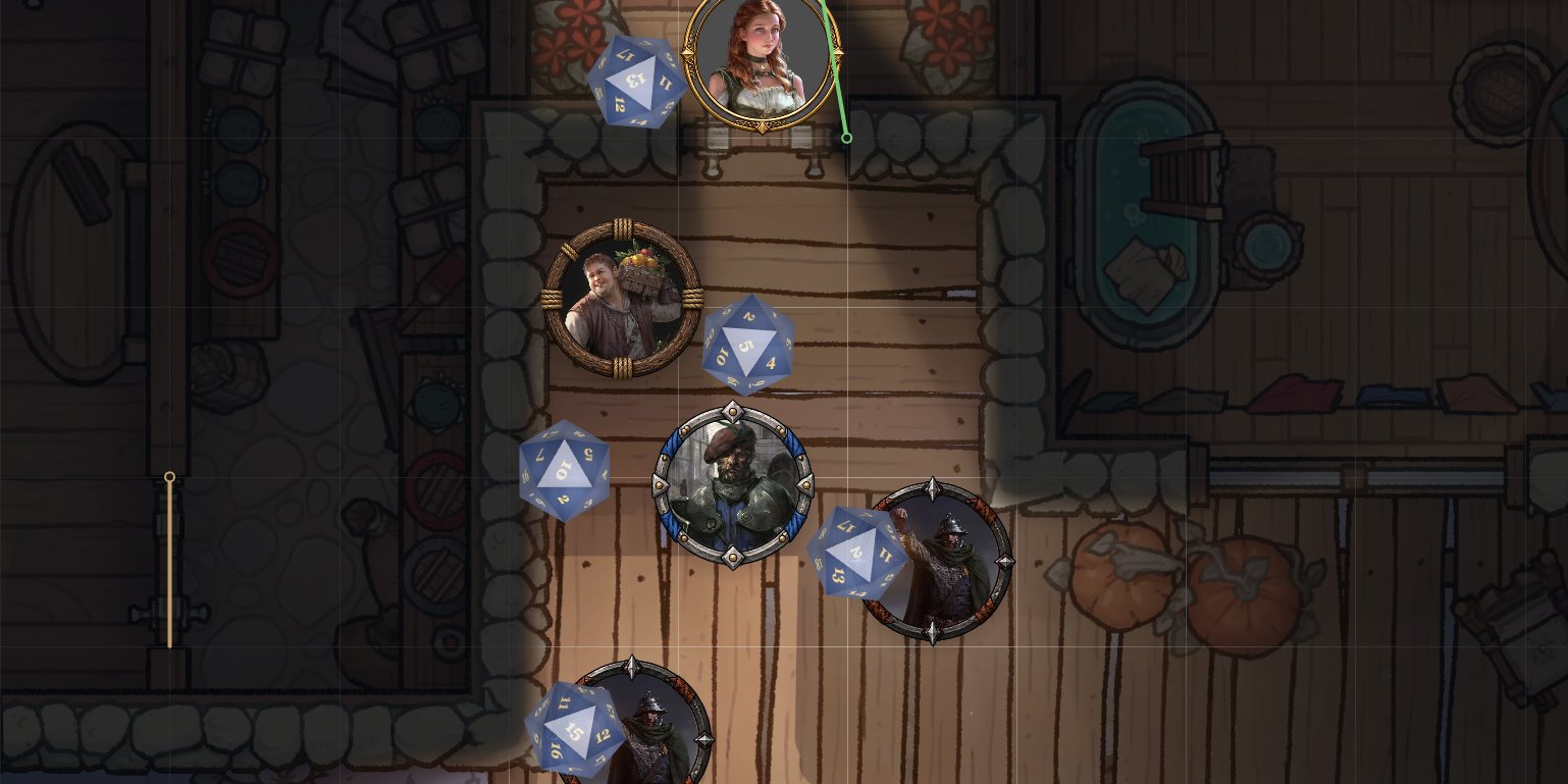 A tavern map in Divine VTT with character tokens and 3D dice