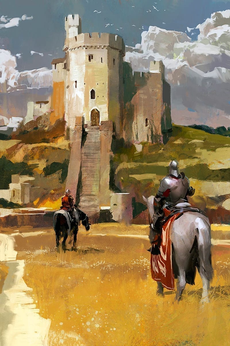 Two knights ride toward a castle keep